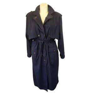 Vintage TOGETHER Navy Cotton Trench Coat Womens Sz Tall 16 Belted Safari 1980s